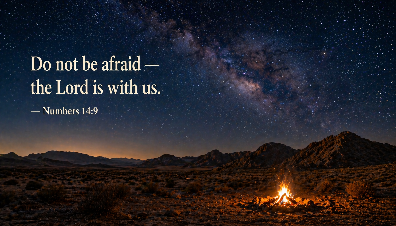 Campfire burning in desert landscape Milky Way blazing overhead verse text top left do not be afraid the Lord is with us -- Numbers 14:9 campfire starry night wallpaper